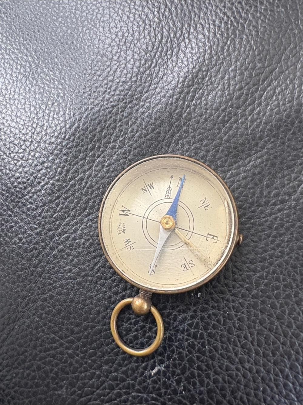 Vintage Brass Pocket Compass with Blue Needle French Dial Face